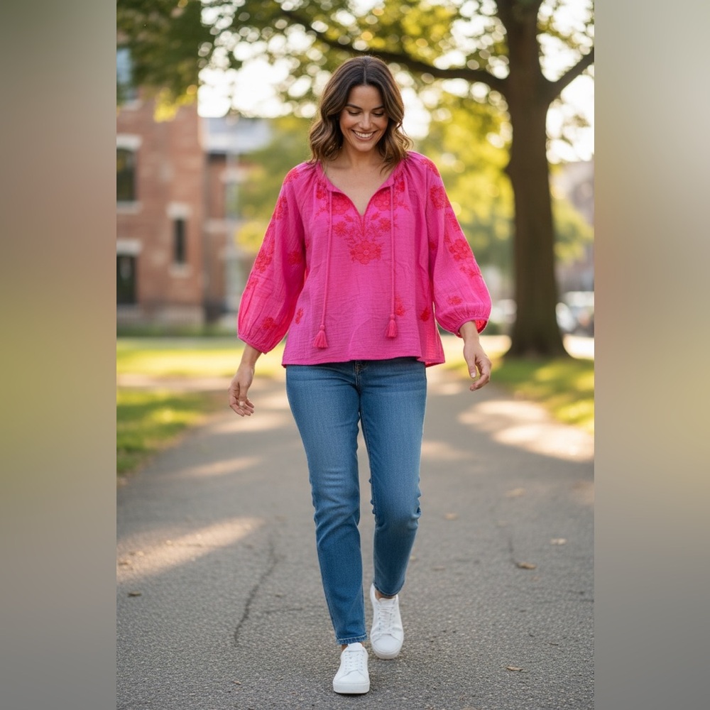 Beautiful bright pink embroidered peasant blouse by Style & Co